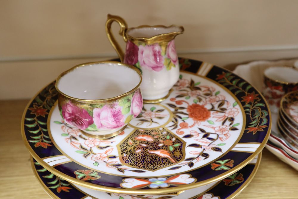 A Royal Albert Old Country Rose part tea set and a Crown Derby coffee set, two Derby comports etc.